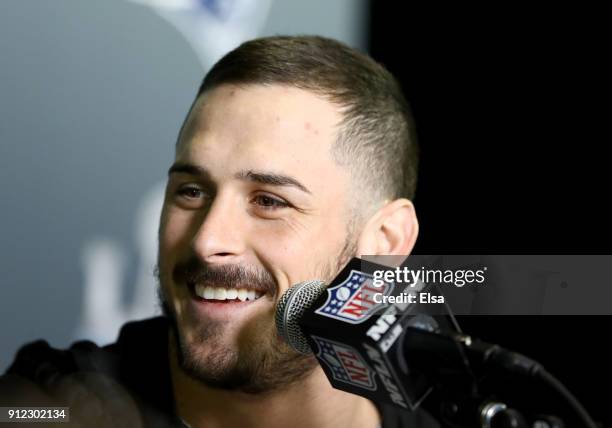 Danny Amendola of the New England Patriots speaks with the press during the New England Patriots Media Availability during Super Bowl LII week at the...