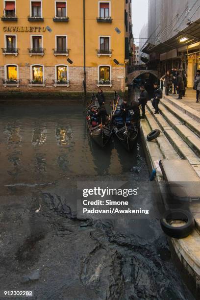 Gondolers sail on one side of the Bacino Orseolo, near St. Mark square, because of an exceptional low tide on January 30, 2018 in Venice, Italy. An...