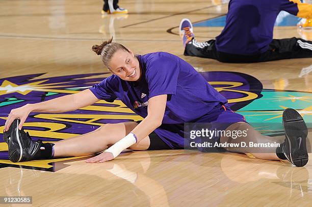 Nicole Ohlde of the Phoenix Mercury stretches prior to Game One of the Western Conference Finals against the Los Angeles Sparks during the 2009 WNBA...