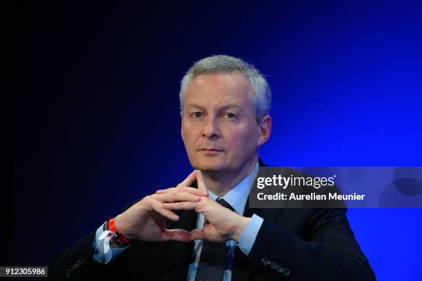 Bruno Le Maire, French Minister of Economy, visits The Fintech Forum at Palais Brogniart on January 30, 2018 in Paris, France. The Paris Finetech...