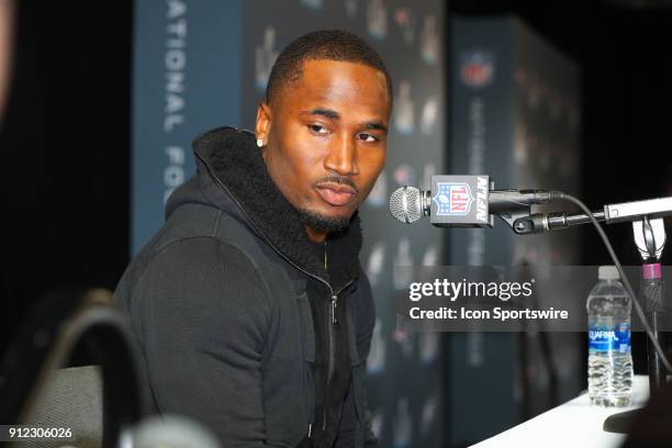 New England Patriots running back Dion Lewis answers questions during the New England Patriots Press Conference on January 30 at the Mall of America...