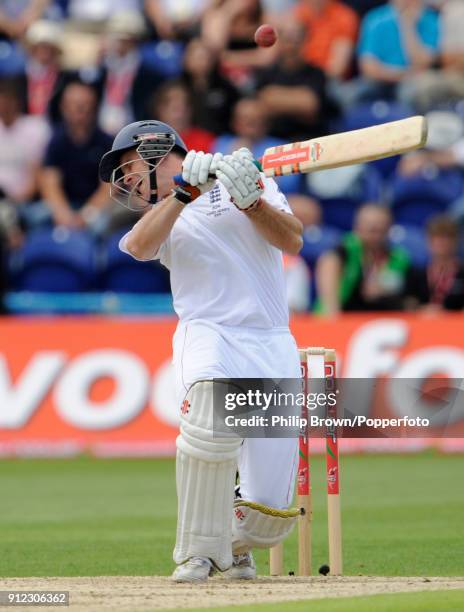 England captain Andrew Strauss plays that shot that leads to his dismissal in the 1st Test match between England and Australia at Cardiff, Wales, 8th...