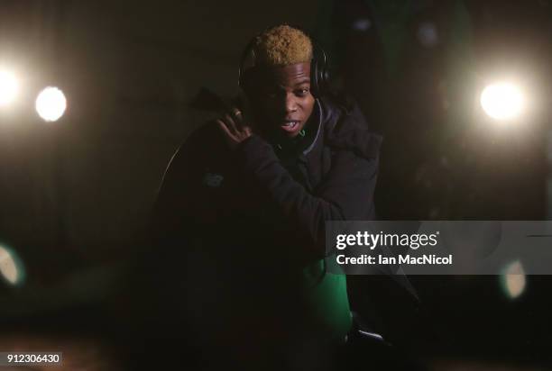 Celtic's new loan signing Charly Musonda arrives at the stadium prior to the Scottish Premier League match between Celtic and Heart of Midlothian at...