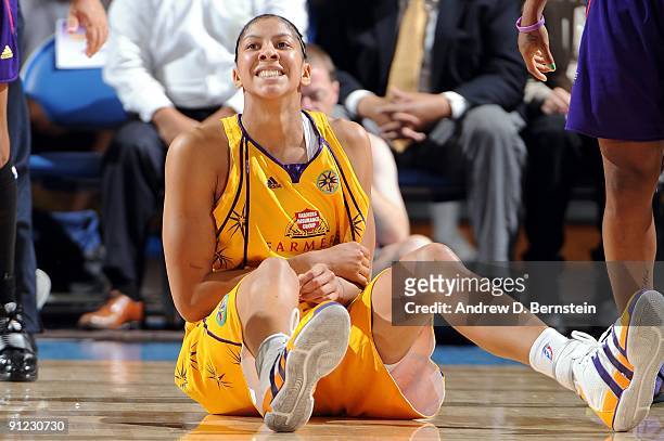 Candace Parker of the Los Angeles Sparks reacts after a play against Phoenix Mercury in Game One of the Western Conference Finals during the 2009...