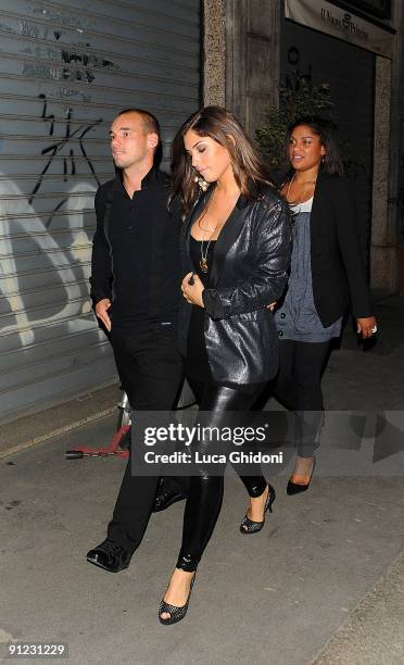 Wesley Sneijder and Yolanthe Cabau van Kasbergen leave amfAR Milano 2009 after party, inaugural Milan Fashion week at La Permanente on September 28,...