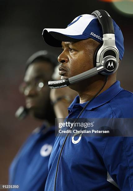 Head coach Jim Caldwell of the Indianapolis Colts looks on in the first quarter during the game against the Arizona Cardinals at University of...