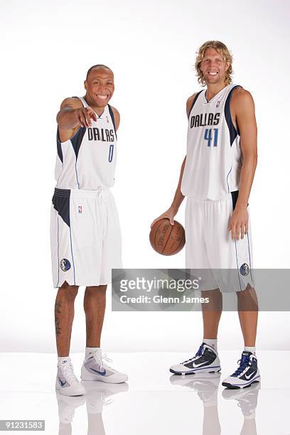 Shawn Marion and Dirk Nowitzki of the Dallas Mavericks pose for a portrait during 2009 NBA Media Day on September 28, 2009 at the American Airlines...