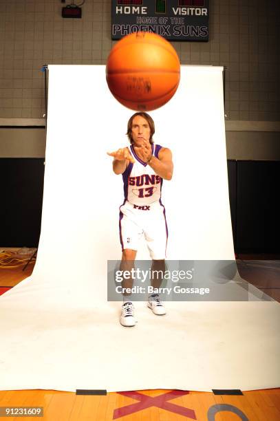 Steve Nash of the Phoenix Suns poses for a portrait during 2009 NBA Media Day on September 28 at U.S. Airways Center in Phoenix, Arizona. NOTE TO...