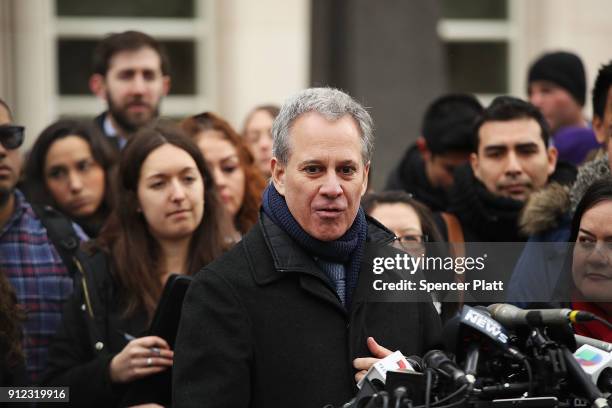 New York Attorney General Eric Schneiderman joins Dreamers and recent immigrants for a news conference after a DACA hearing at a Brooklyn court on...