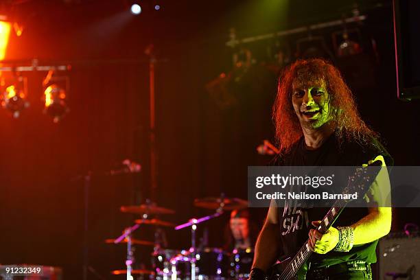 Musician Steve "Lips" Kudlow of the band Anvil performs on stage at the taping of VH1 Classic Presents "That Metal Show: Anvil Special" at Hard Rock...