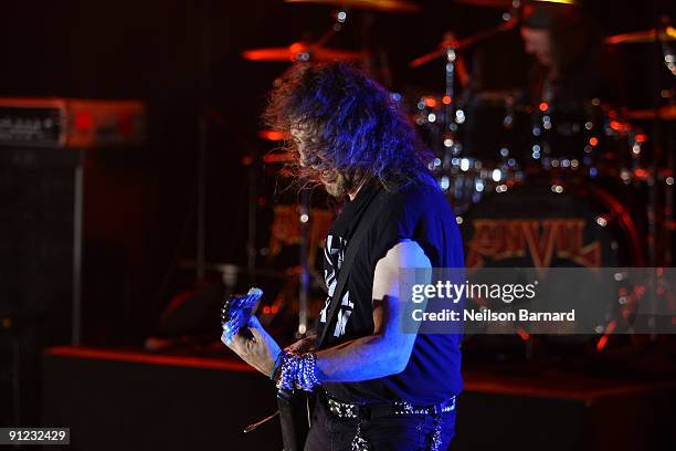 Musician Steve "Lips" Kudlow of the band Anvil performs on stage at the taping of VH1 Classic Presents "That Metal Show: Anvil Special" at Hard Rock...