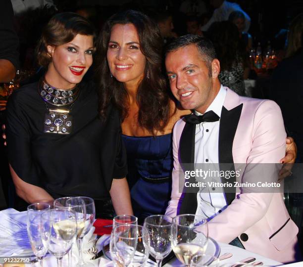 Linda Evangelista, Roberta Armani and Dan Caten attend amfAR Milano 2009 Dinner, the Inaugural Milan Fashion Week event at La Permanente on September...