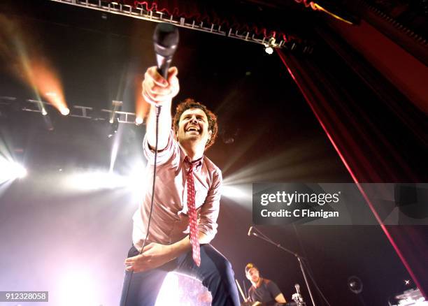 Singer Michael Angelakos of Passion Pit performs during the 'Tremendous Sea of Love' tour at the Fox Theater on January 29, 2018 in Oakland,...