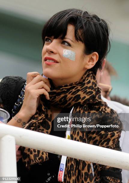 Singer Lily Allen in the Bedser Stand during the lunch interval on day one of the 5th Test match between England and Australia at The Oval, London,...