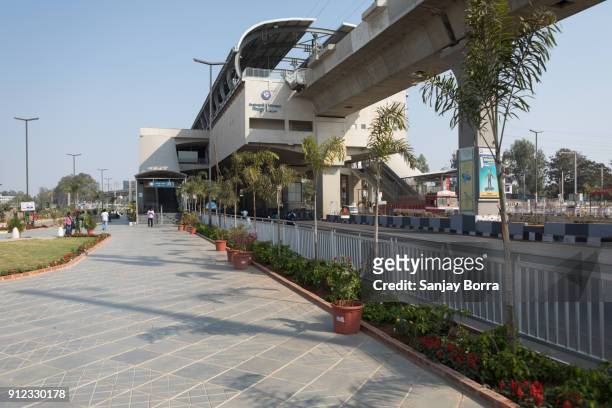 miyapur metro train station in india - indian hyderabad metro rail stock pictures, royalty-free photos & images