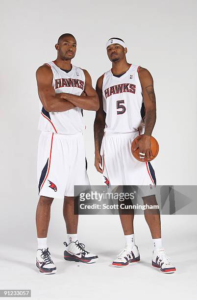 Al Horford and Josh Smith of the Atlanta Hawks pose during 2009 NBA Media Day on September 28, 2009 at Philips Arena in Atlanta, Georgia. NOTE TO...