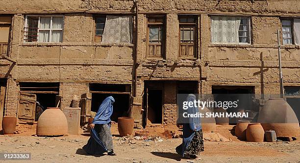 Burqa-clad Afghan women walk past 'tandur' oven shops in Kabul on September 29, 2009. Despite a flood of billions of dollars in aid provided by the...