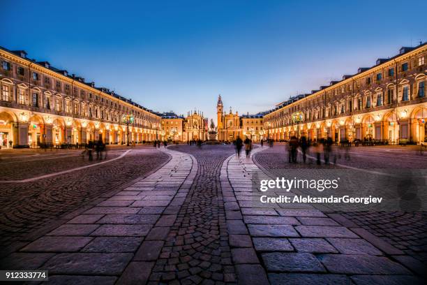 main view of san carlo square and twin churches at night, turin - horse front view stock pictures, royalty-free photos & images