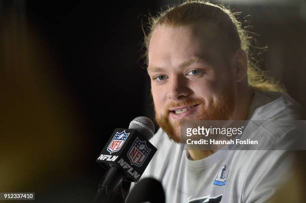 Beau Allen of the Philadelphia Eagles speaks to the media during Super Bowl LII media availability on January 30, 2018 at Mall of America in...