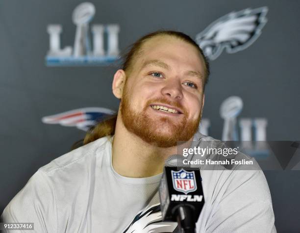 Beau Allen of the Philadelphia Eagles speaks to the media during Super Bowl LII media availability on January 30, 2018 at Mall of America in...