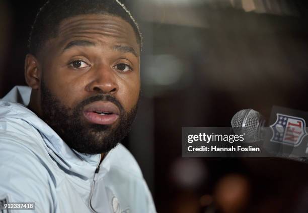 Torrey Smith of the Philadelphia Eagles speaks to the media during Super Bowl LII media availability on January 30, 2018 at Mall of America in...