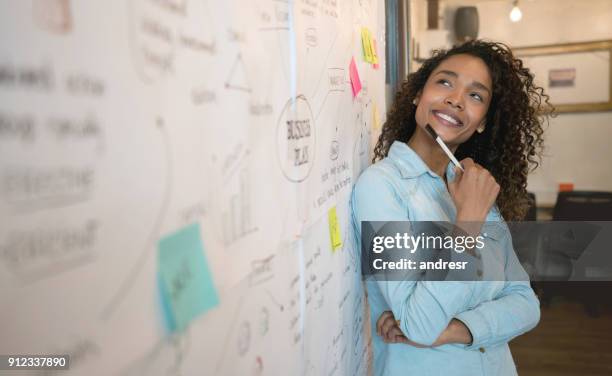 thoughtful woman sketching a business plan at a creative office - business plan stock pictures, royalty-free photos & images
