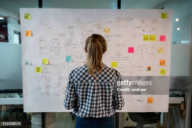 donna che disegna un business plan in un ufficio creativo - nuova impresa foto e immagini stock