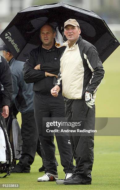 Sir Matthew Pinsent and Sir Steve Redgrave on the second tee during the second practice round of The Alfred Dunhill Links Championship at The Old...