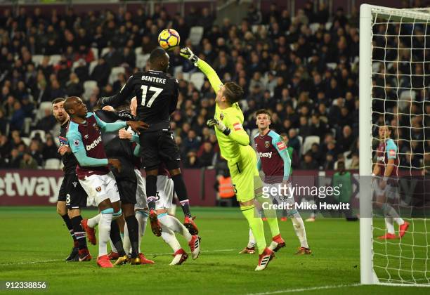 Christian Benteke of Crystal Palace scores his sides first goal during the Premier League match between West Ham United and Crystal Palace at London...