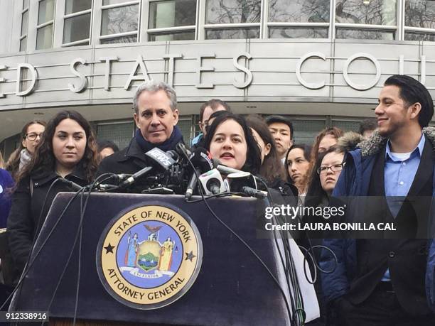 New York State Attorney General Eric Schneiderman holds a press conference after a DACA hearing outside the Brooklyn Federal Court on January 30,...