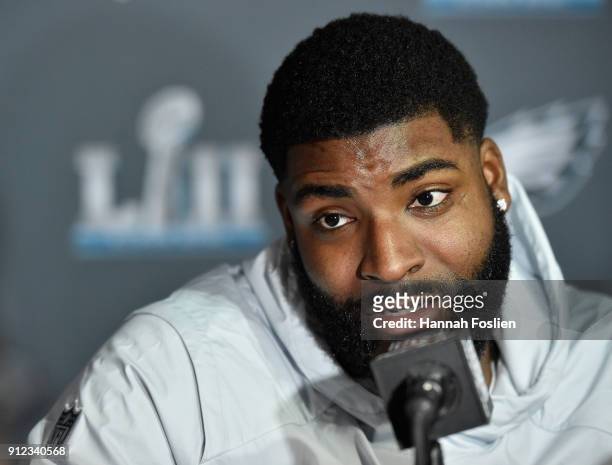 Vinny Curry of the Philadelphia Eagles speaks to the media during Super Bowl LII media availability on January 30, 2018 at Mall of America in...