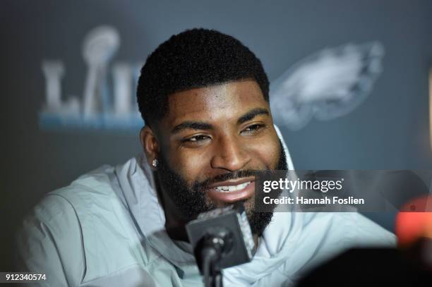 Vinny Curry of the Philadelphia Eagles speaks to the media during Super Bowl LII media availability on January 30, 2018 at Mall of America in...