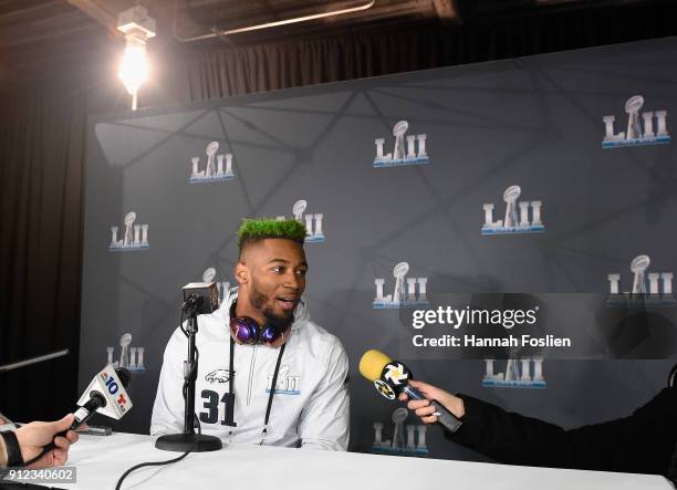Jalen Mills of the Philadelphia Eagles speaks to the media during Super Bowl LII media availability on January 30, 2018 at Mall of America in...