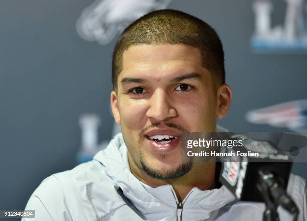 Trey Burton of the Philadelphia Eagles speaks to the media during Super Bowl LII media availability on January 30, 2018 at Mall of America in...