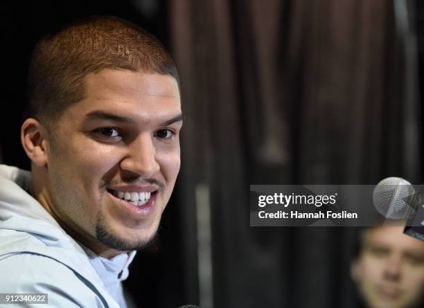 Trey Burton of the Philadelphia Eagles speaks to the media during Super Bowl LII media availability on January 30, 2018 at Mall of America in...