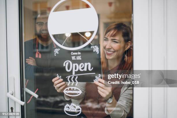 we are open for business - open sign on door stock pictures, royalty-free photos & images