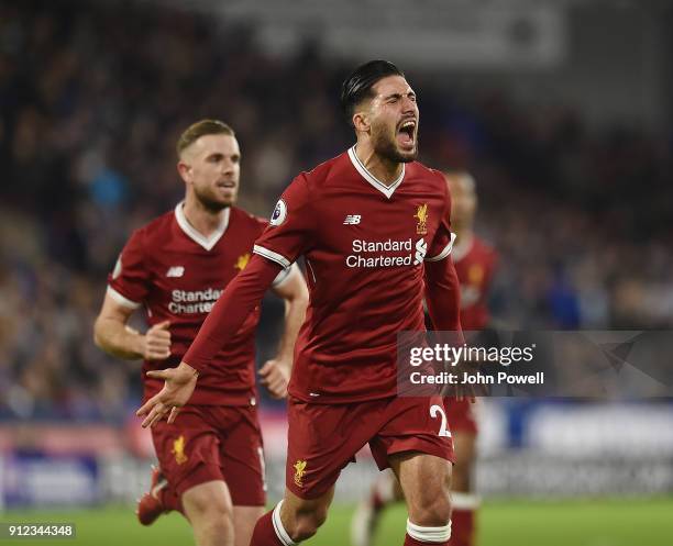 Emre Can of Liverpool Celebrates the opener For Liverpool during the Premier League match between Huddersfield Town and Liverpool at John Smith's...