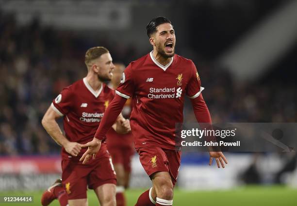 Emre Can of Liverpool Celebrates the opener For Liverpool during the Premier League match between Huddersfield Town and Liverpool at John Smith's...