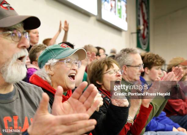 Stephen Lerman, left to right, Cindy Lerman and Pam Barker, cheer the Red Claws during their game against the Long Island Nets Sunday, Jan. 28, 2018...