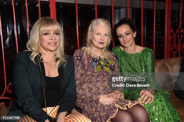 Jo Wood, Vivienne Westwood and Leah Wood attend Cool Earth's 10th birthday party with SUSHISAMBA on January 30, 2018 in London, England.