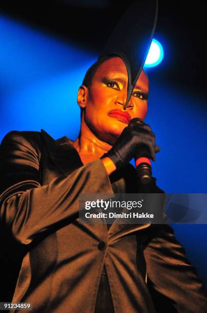 Grace Jones performs on stage on the last day of Lowlands Festival at Evenemententerrein Walibi World on August 23, 2009 in Biddinghuizen,...