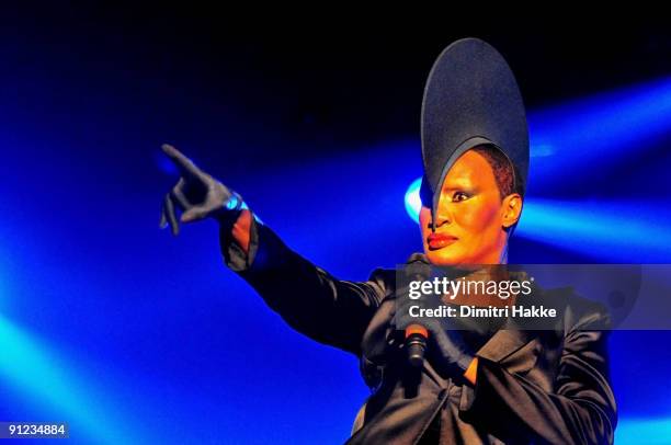 Grace Jones performs on stage on the last day of Lowlands Festival at Evenemententerrein Walibi World on August 23, 2009 in Biddinghuizen,...