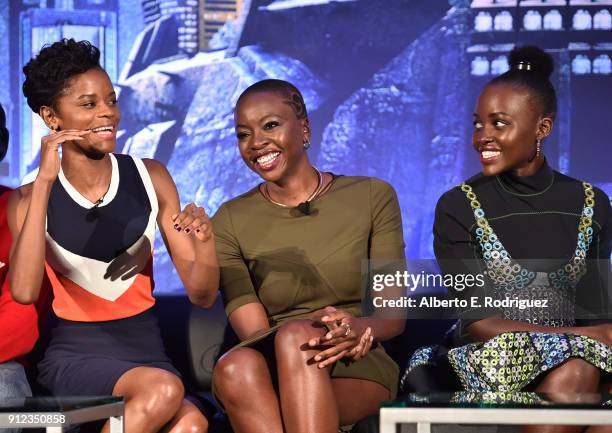 Actors Letitia Wright, Danai Gurira, and Lupita Nyong'o attend the Marvel Studios' BLACK PANTHER Global Junket Press Conference on January 30, 2018...