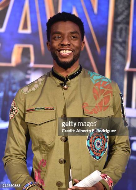 Actor Chadwick Boseman attends the Marvel Studios' BLACK PANTHER Global Junket Press Conference on January 30, 2018 at Montage Beverly Hills in...