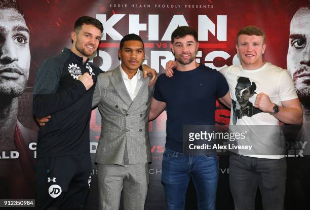Anthony Fowler, Conor Benn, Scott Fitzgerald and Tom Farrell after a press conference ahead of the Amir Khan v Phil Lo Greco fight at the Hilton...