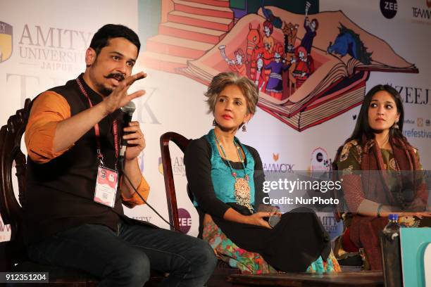 Writers Shiv Aroor and Anuja Chauhan in conversation with Aanchal Malhotra during the Jaipur Literature Festival 2018 at Diggi Palace in Jaipur ,...