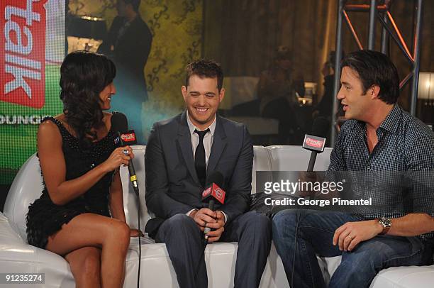 Tanya Kim, Singer Michael Buble and Ben Mulroney backstage in the E Talk Lounge at the 2009 Juno Awards at General Motors Place on March 29, 2009 in...
