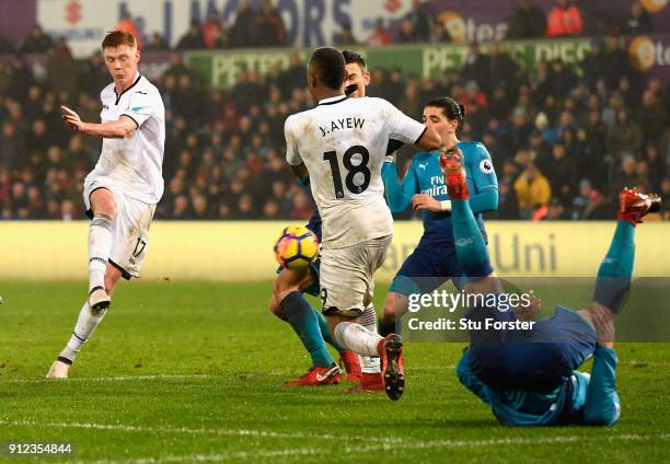 Samuel Clucas of Swansea City scores his sides third goal during the Premier League match between Swansea City and Arsenal at Liberty Stadium on...