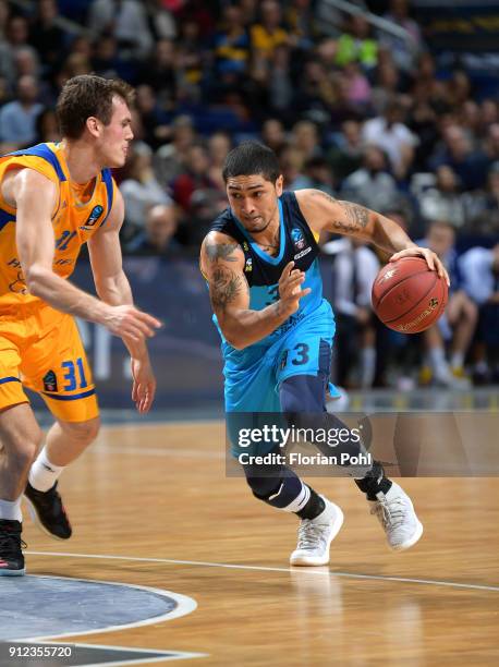 Nikola Radicevic of Herbalife Gran Canaria and Peyton Siva of Alba Berlin during the game between Alba Berlin and Herbalife Gran Canaria on January...