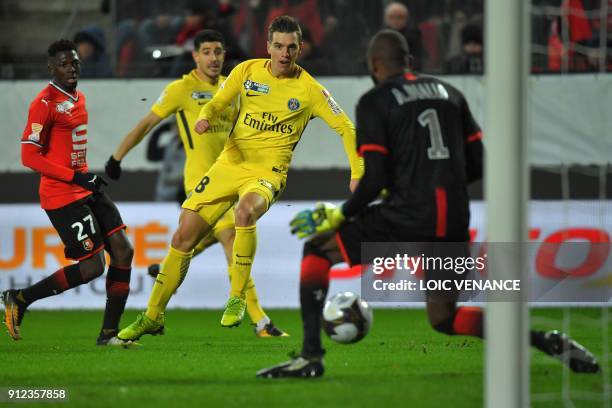 Paris Saint-Germain's Argentinian midfielder Giovanni Lo Celso scores a goal during the French League Cup football semi-final match between Rennes...